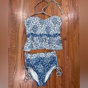 LOFT Beach Blue and White Printed Two-Piece Swimsuit M/L
